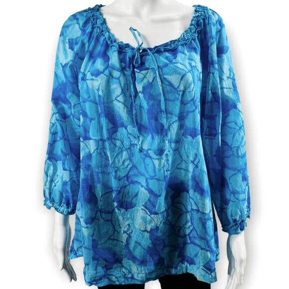 Fresh Produce Linen Blouse Coastal Turtle Print Blue Size M - Picture 3 of 9
